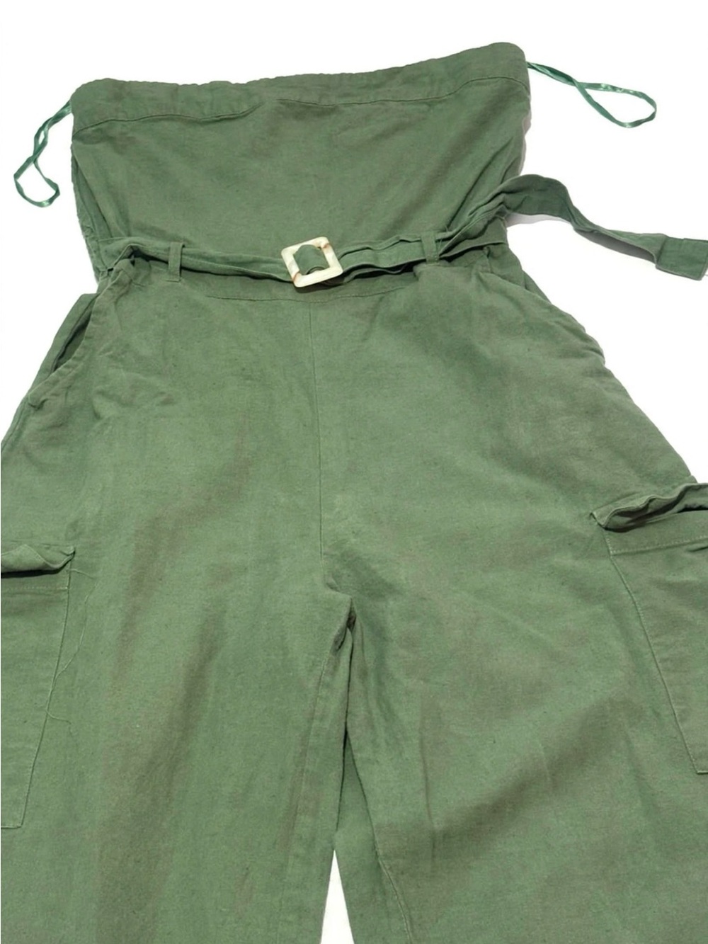 Strapless Olive Green Utility Jumpsuit with Belted Waist - Picture 6 of 7